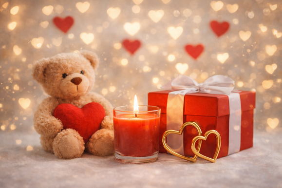 Bougie allumée, peluche avec cœur et coffret cadeau symbolisant l’amour et l’émotion de la Saint-Valentin. Symbolique des cadeaux de Saint-Valentin