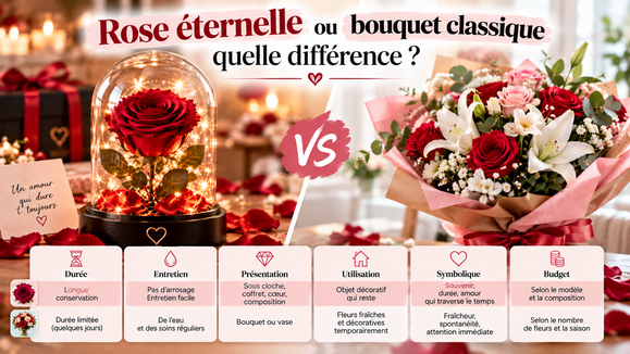 Rose éternelle ou bouquet de fleurs classique : quelle différence ?