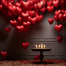 Décoration romantique de la Saint-Valentin avec ballons rouges en forme de cœur et bougies allumées. origine de la Saint-Valentin