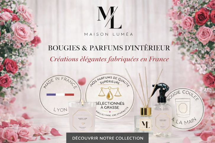Produits de parfum d’intérieur comprenant bougies parfumées, diffuseurs et brumes. Maison Luméa