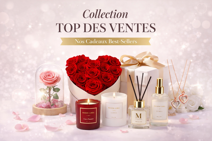 Sélection de produits décoratifs comprenant roses éternelles, bougies parfumées et diffuseurs. Top des ventes