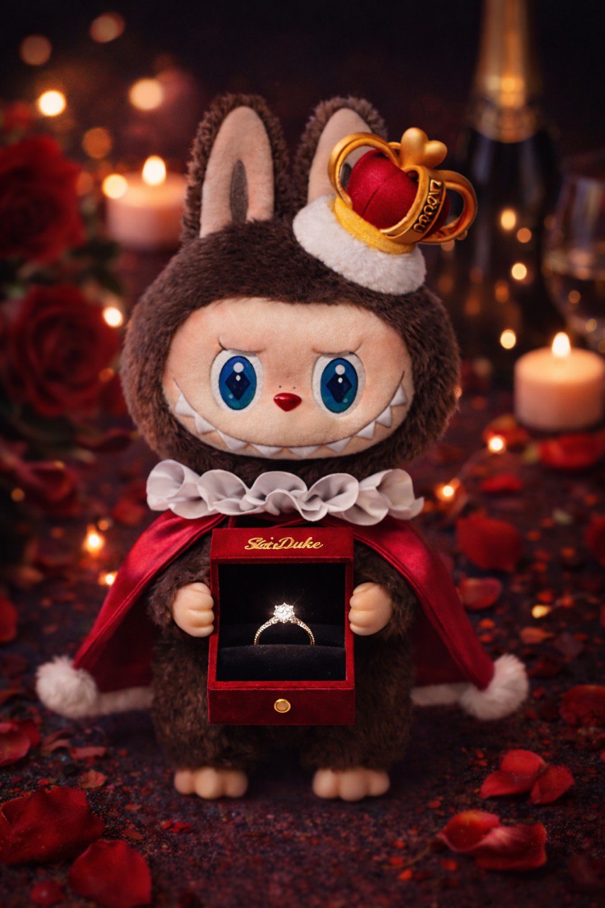 Figurine Labubu romantique tenant une bague dans un coffret, ambiance Saint-Valentin. Figurine romantique Labubu avec coffret cadeau