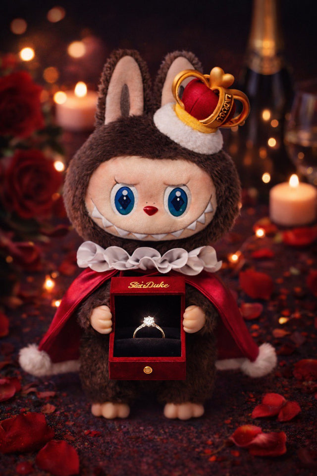 Figurine Labubu romantique tenant une bague dans un coffret, ambiance Saint-Valentin. Figurine romantique Labubu avec coffret cadeau