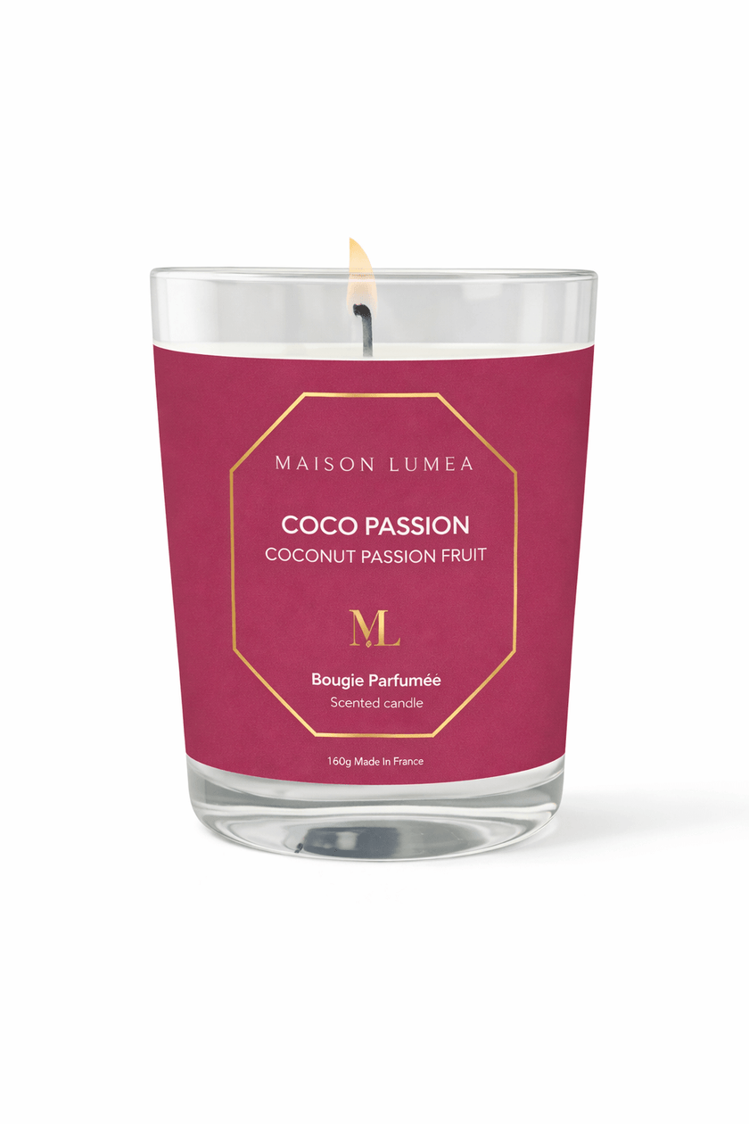 Bougie parfumée artisanale Coco Passion Maison Lumëa, senteur exotique et gourmande. Bougie Parfumée Artisanale