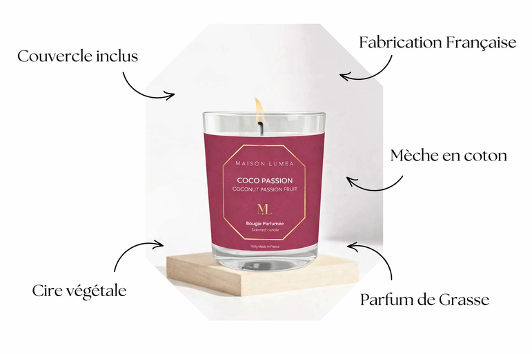 Bougie parfumée Coco Passion Maison Lumëa, ambiance chaleureuse, fabrication artisanale. Bougie Parfumée Artisanale