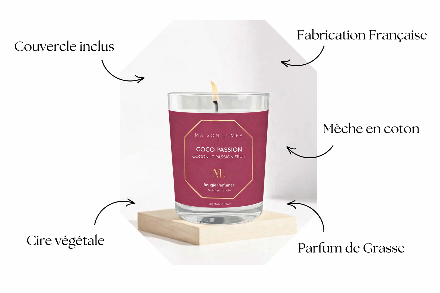 Bougie parfumée Coco Passion Maison Lumëa, ambiance chaleureuse, fabrication artisanale. Bougie Parfumée Artisanale