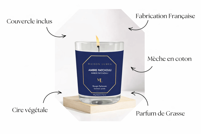 Bougie parfumée Ambre Patchouli Maison Lumëa, ambiance élégante, fabrication française. Bougie Parfumée Artisanale