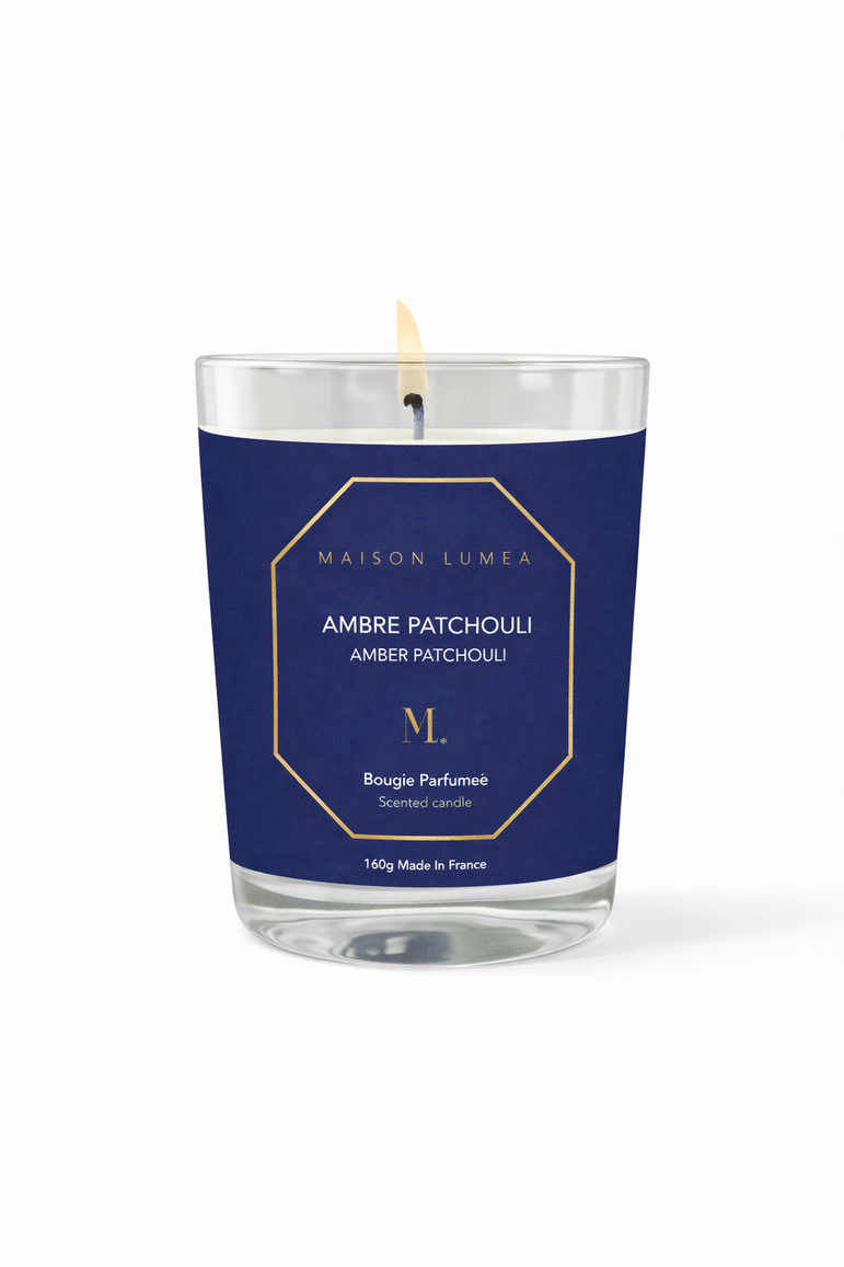 Bougie parfumée artisanale Ambre Patchouli Maison Lumëa, senteur chaude et orientale