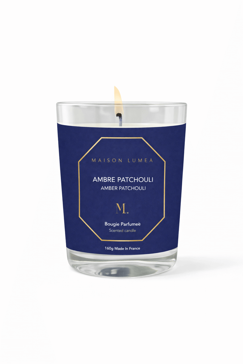 Bougie parfumée artisanale Ambre Patchouli Maison Lumëa, senteur chaude et orientale