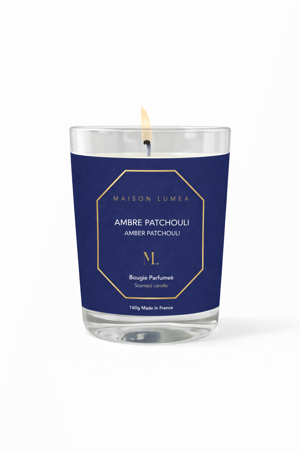Bougie parfumée artisanale Ambre Patchouli Maison Lumëa, senteur chaude et orientale