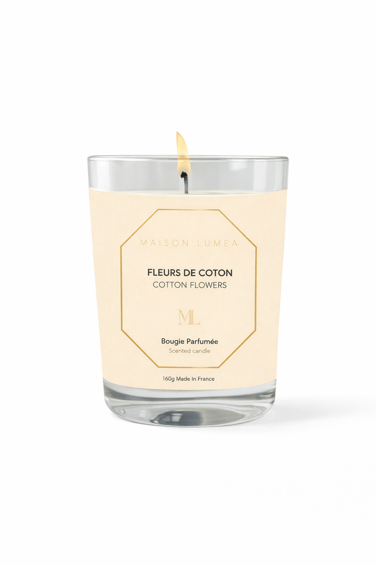 Bougie parfumée artisanale Fleurs de Coton Maison Lumëa, senteur douce et propre. Bougie Parfumée Artisanale