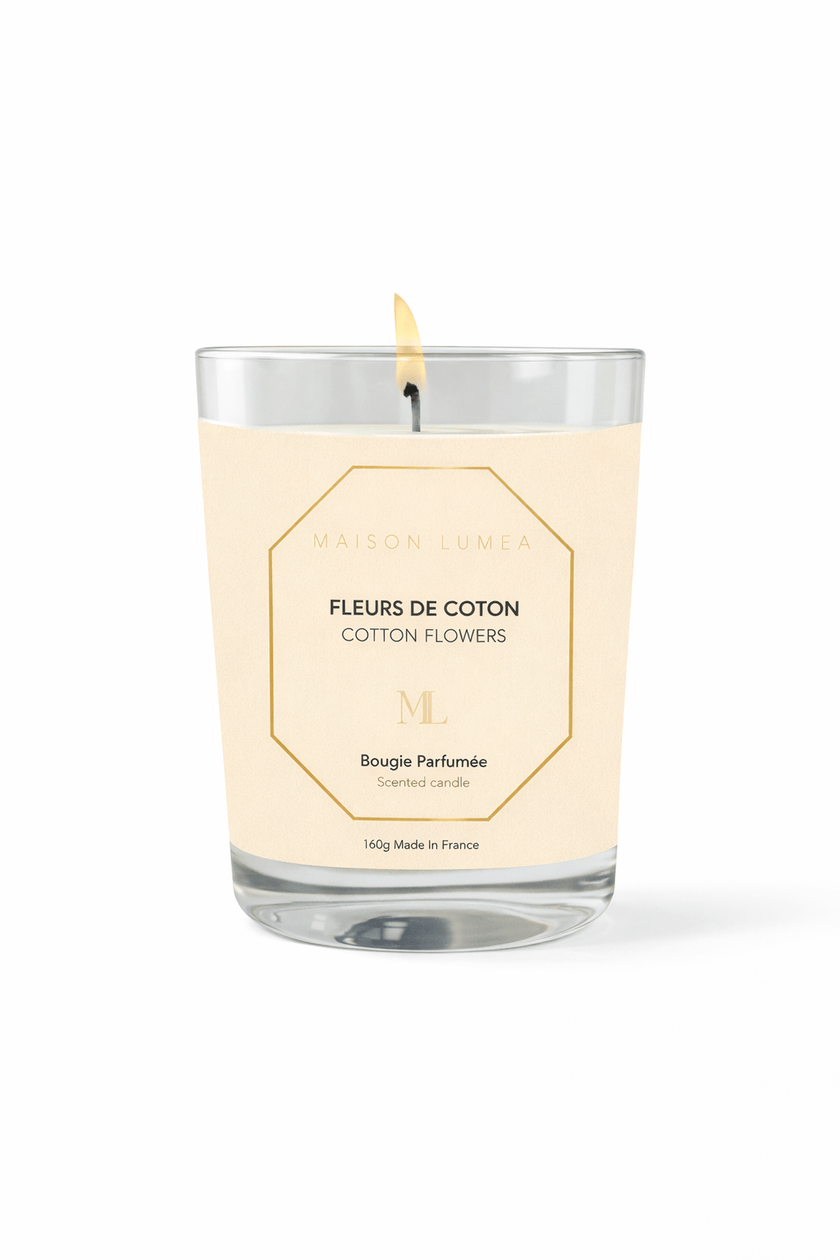 Bougie parfumée artisanale Fleurs de Coton Maison Lumëa, senteur douce et propre. Bougie Parfumée Artisanale