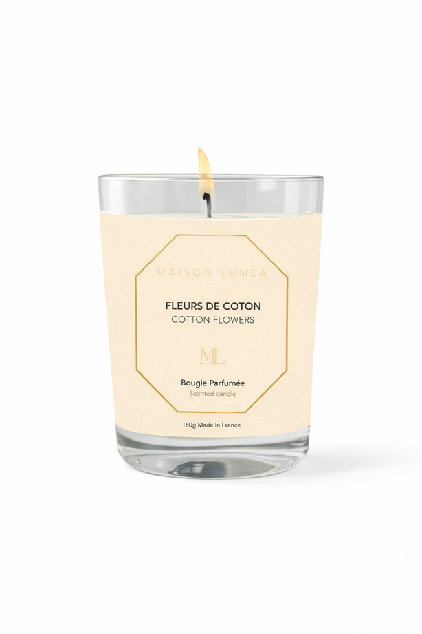 Bougie parfumée artisanale Fleurs de Coton Maison Lumëa, senteur douce et propre. Bougie Parfumée Artisanale