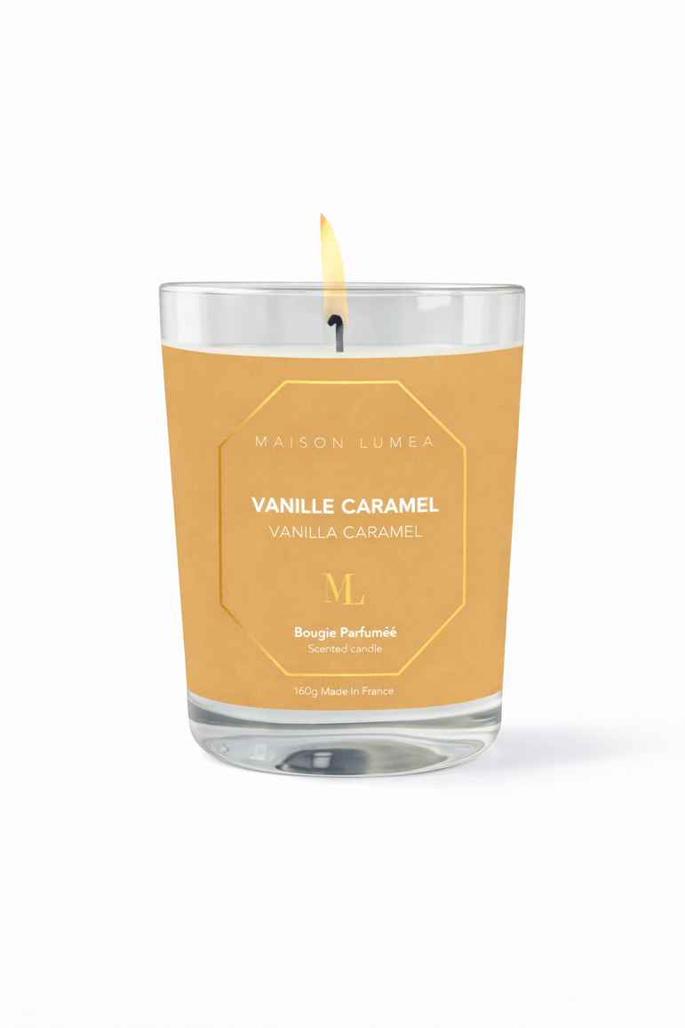 Bougie parfumée artisanale Vanille Caramel Maison Lumëa, senteur gourmande et sucrée