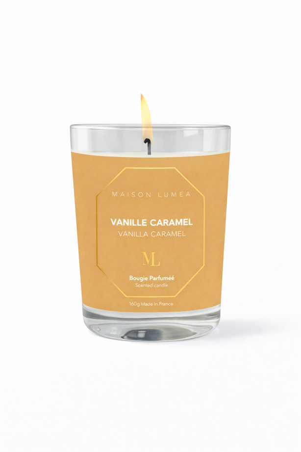 Bougie parfumée artisanale Vanille Caramel Maison Lumëa, senteur gourmande et sucrée
