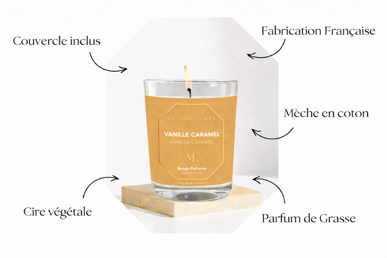 Bougie parfumée Vanille Caramel Maison Lumëa, ambiance cocooning, fabrication française. Bougie Parfumée Artisanale
