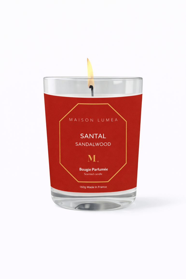 Bougie parfumée artisanale Santal Maison Lumëa, senteur boisée, fabrication française. Bougie Parfumée Artisanale