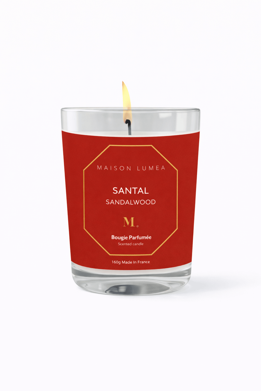 Bougie parfumée artisanale Santal Maison Lumëa, senteur boisée, fabrication française. Bougie Parfumée Artisanale