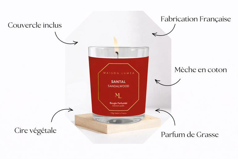 Bougie parfumée Santal Maison Lumëa, ambiance élégante, parfum de Grasse. Bougie Parfumée Artisanale
