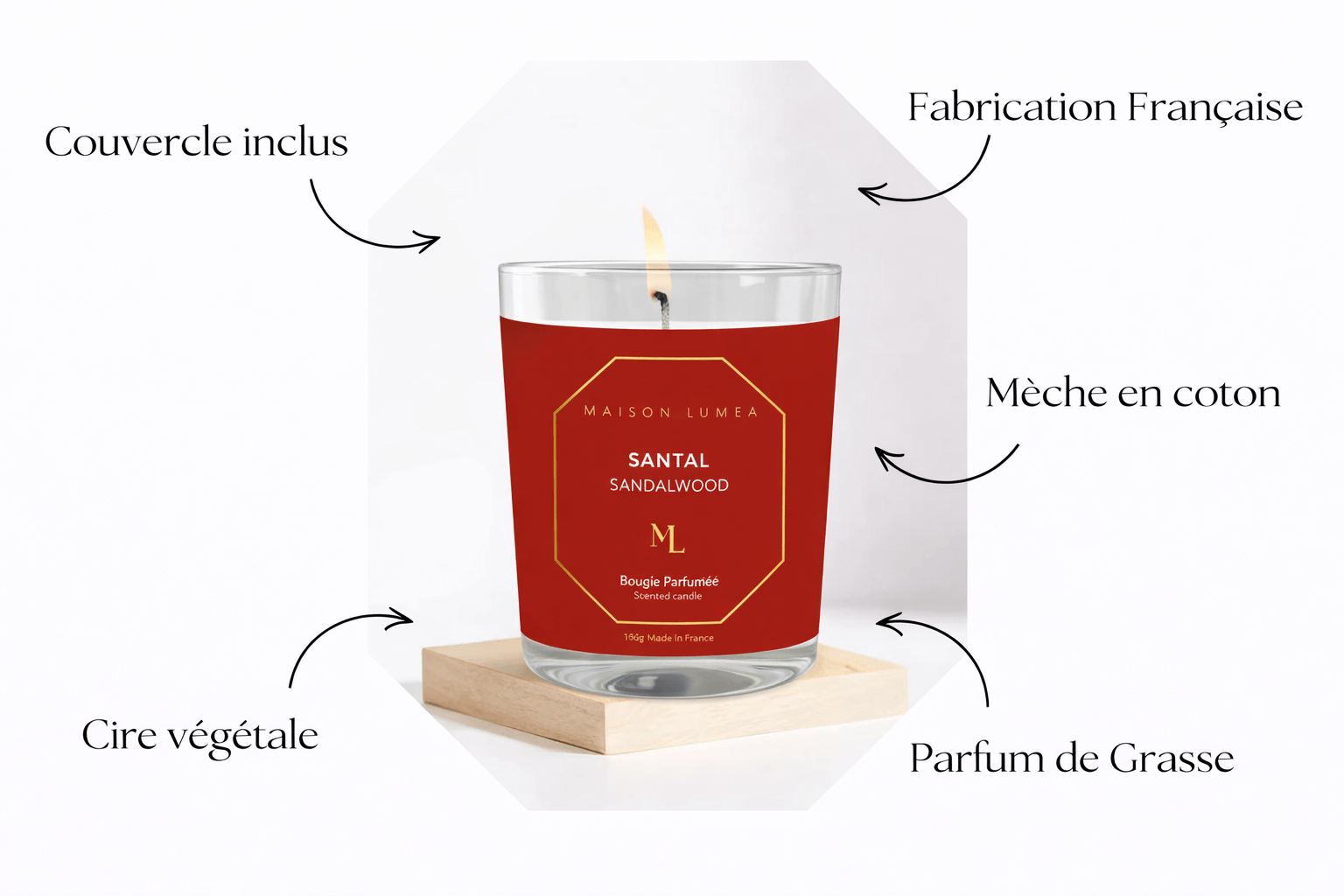 Bougie parfumée Santal Maison Lumëa, ambiance élégante, parfum de Grasse. Bougie Parfumée Artisanale