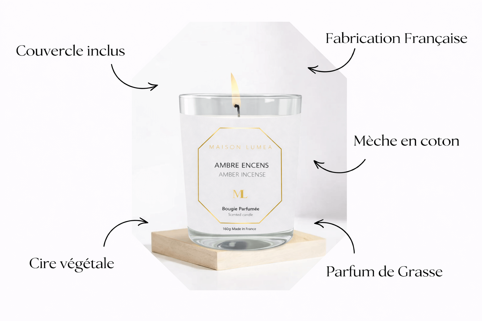 Parfum Musc Blanc Maison Lumëa, senteur douce et propre, parfum de Grasse, fabrication française. Bougie Parfumée Artisanale