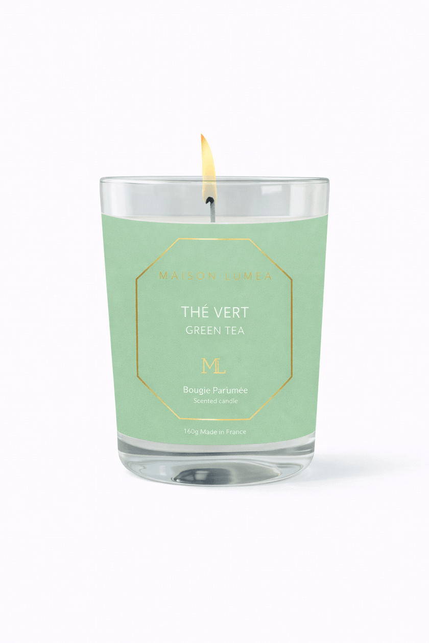 Bougie parfumée artisanale Thé Vert Maison Lumëa, senteur fraîche et végétale