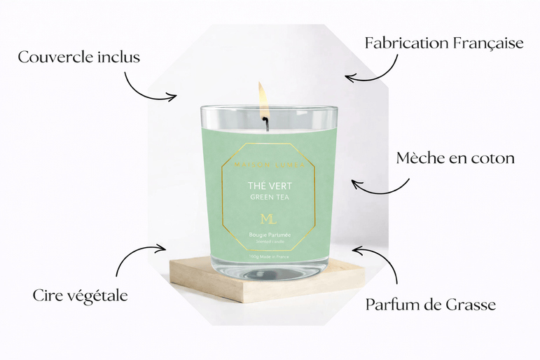 Bougie parfumée Thé Vert Maison Lumëa, ambiance zen et raffinée, fabrication française. Bougie Parfumée Artisanale