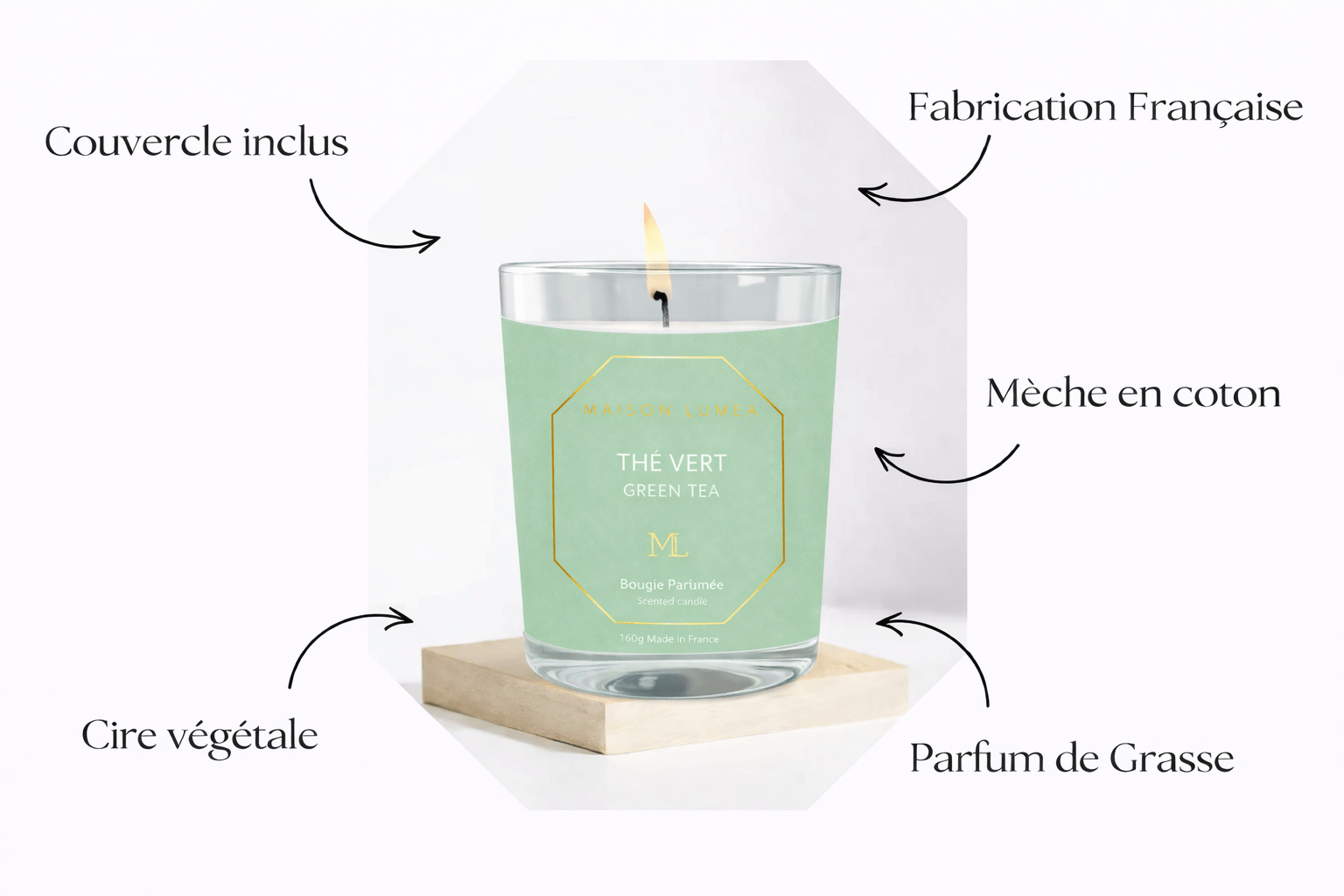 Bougie parfumée Thé Vert Maison Lumëa, ambiance zen et raffinée, fabrication française. Bougie Parfumée Artisanale