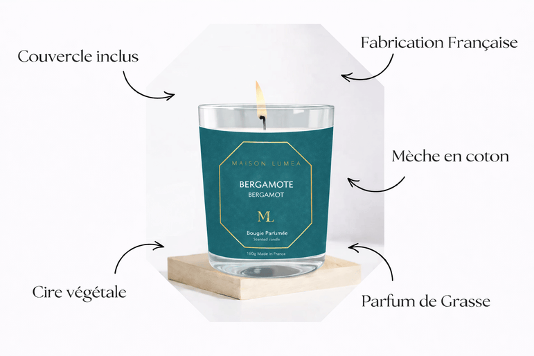 Bougie parfumée Bergamote Maison Lumëa, ambiance élégante, fabrication artisanale française. Bougie Parfumée Artisanale