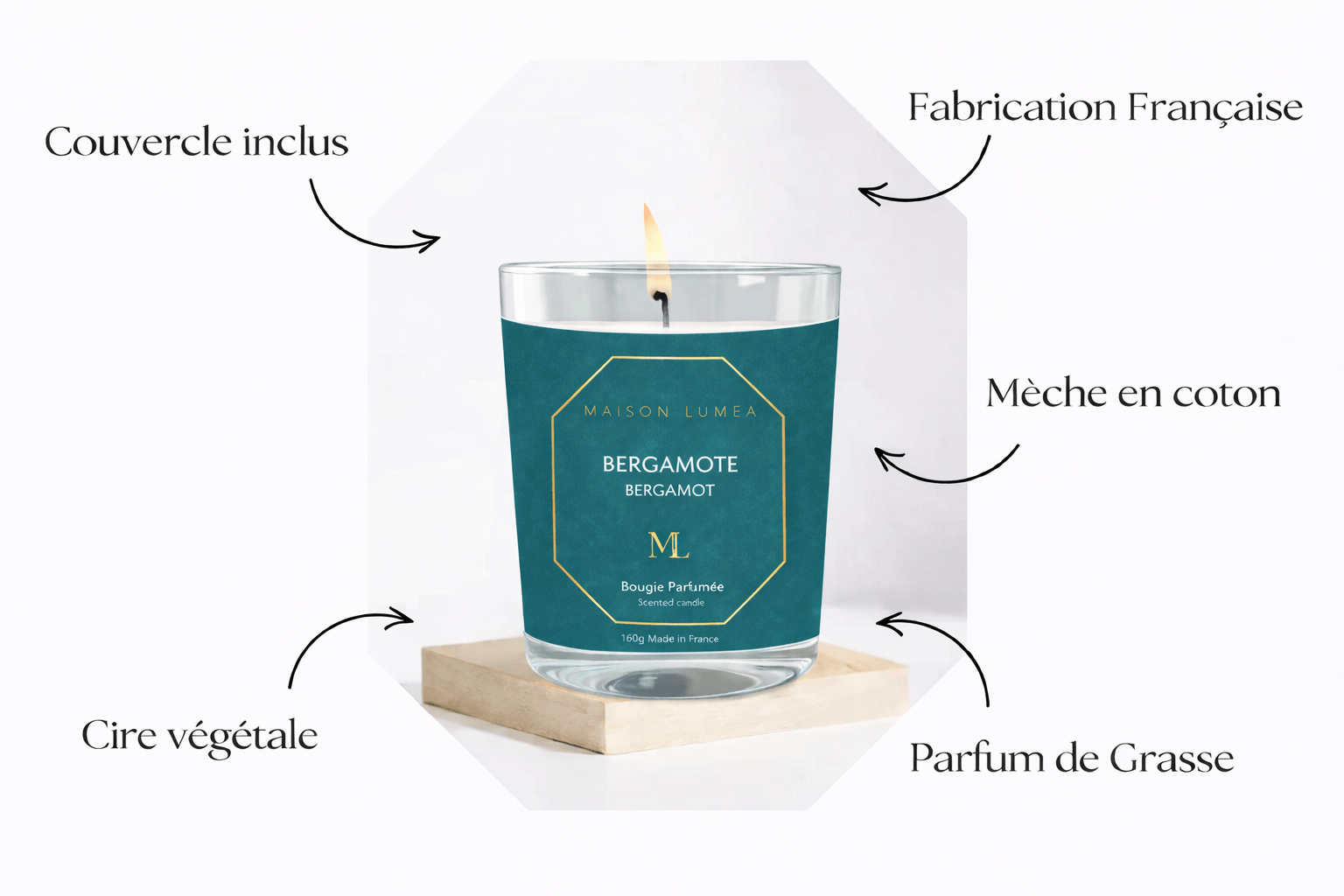 Bougie parfumée Bergamote Maison Lumëa, ambiance élégante, fabrication artisanale française. Bougie Parfumée Artisanale