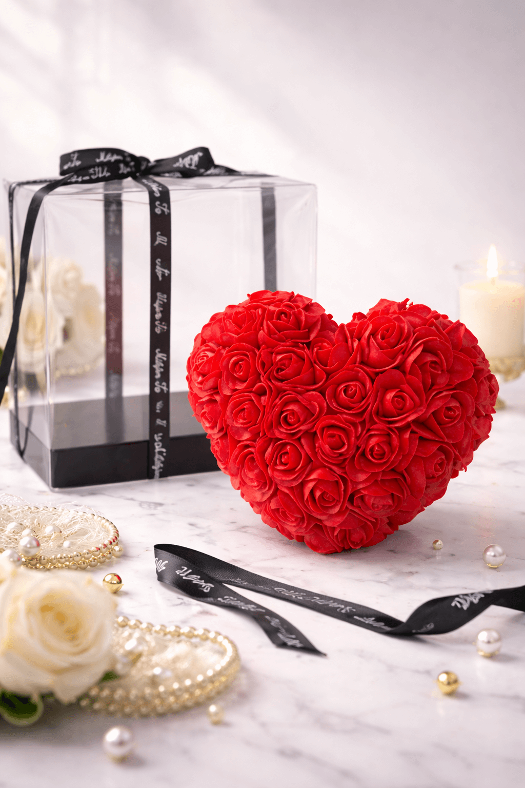 Cœur de roses rouges éternelles présenté dans un coffret transparent. Cœur de Roses Éternelles