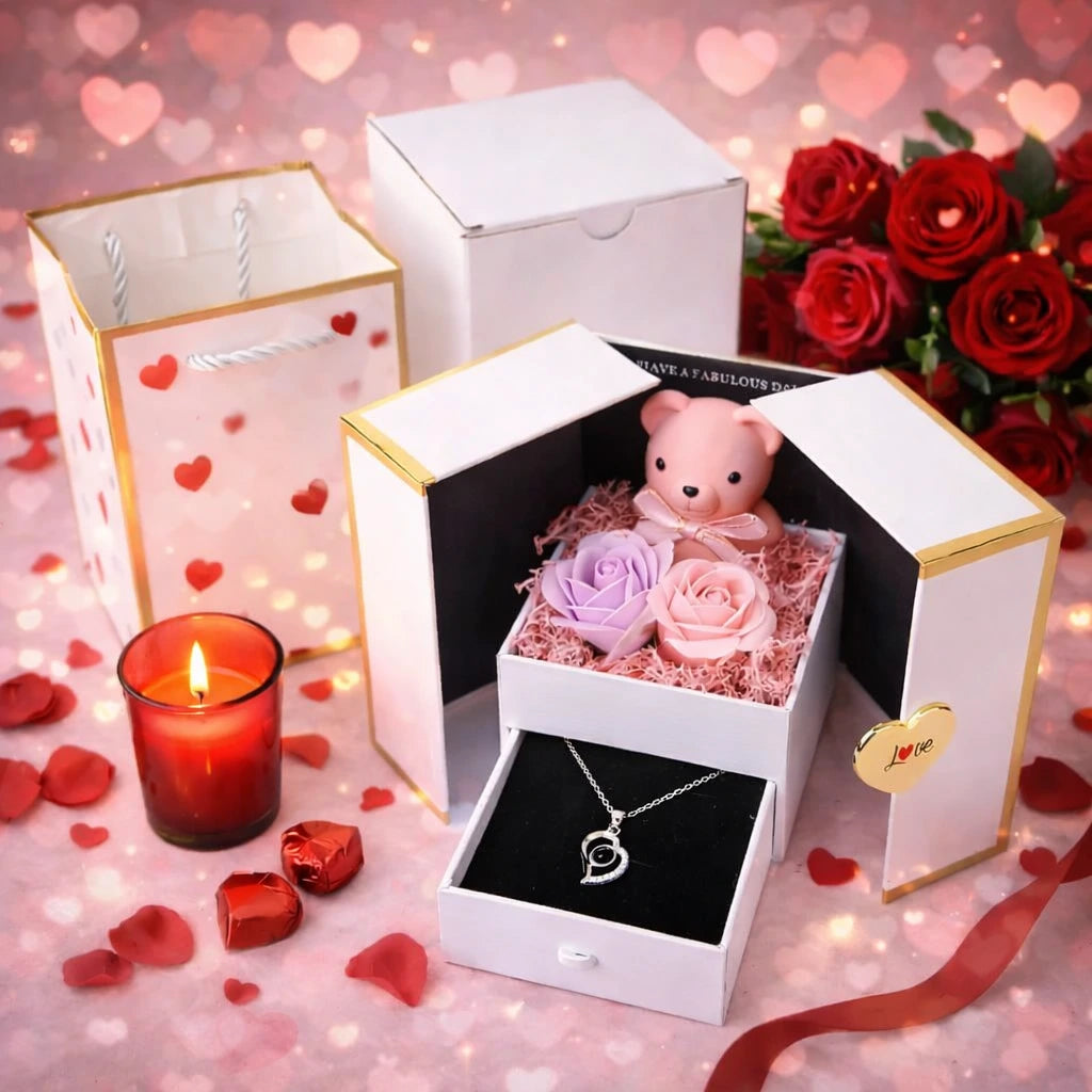 Coffret décoratif avec ourson et roses artificielles. Coffret Cadeau Luxe Ourson & Roses Éternelles