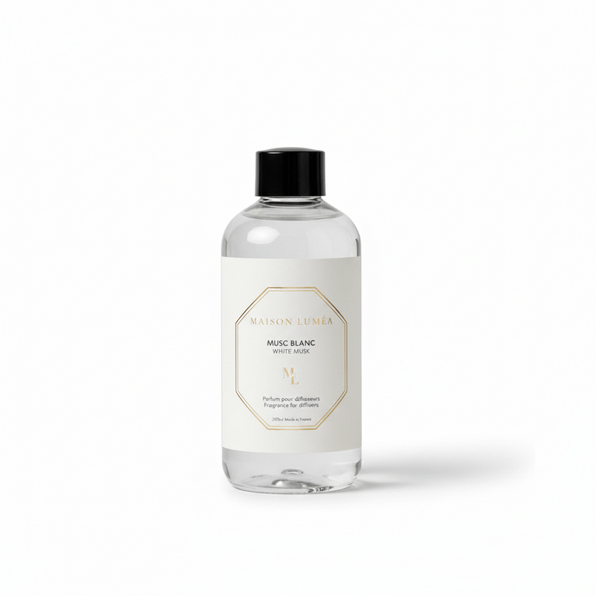 Diffuseur de parfum Musc Blanc Maison Luméa – senteur douce et poudrée, parfum de Grasse. Parfum pour diffuseurs