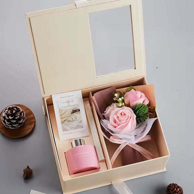 Coffret décoratif avec rose éternelle et diffuseur parfumée. Coffret Cadeau Élégance Rose Éternelle 
