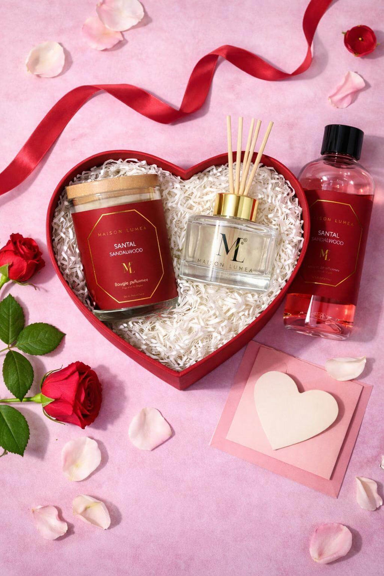 Coffret amour parfumé Santal Maison Lumëa, cadeau Saint-Valentin premium, senteur boisée
