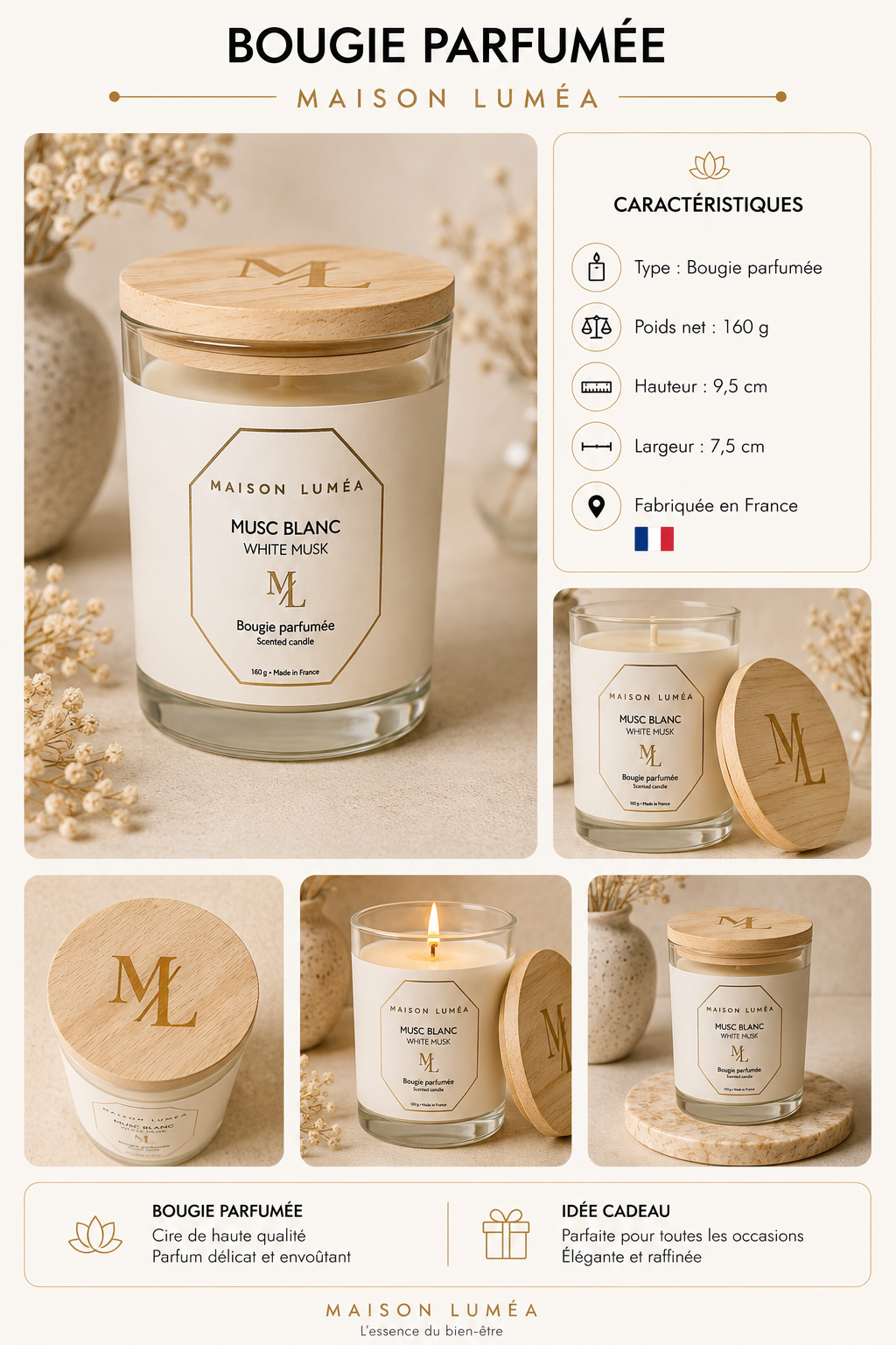 Bougie Parfumée Artisanale – Musc Blanc