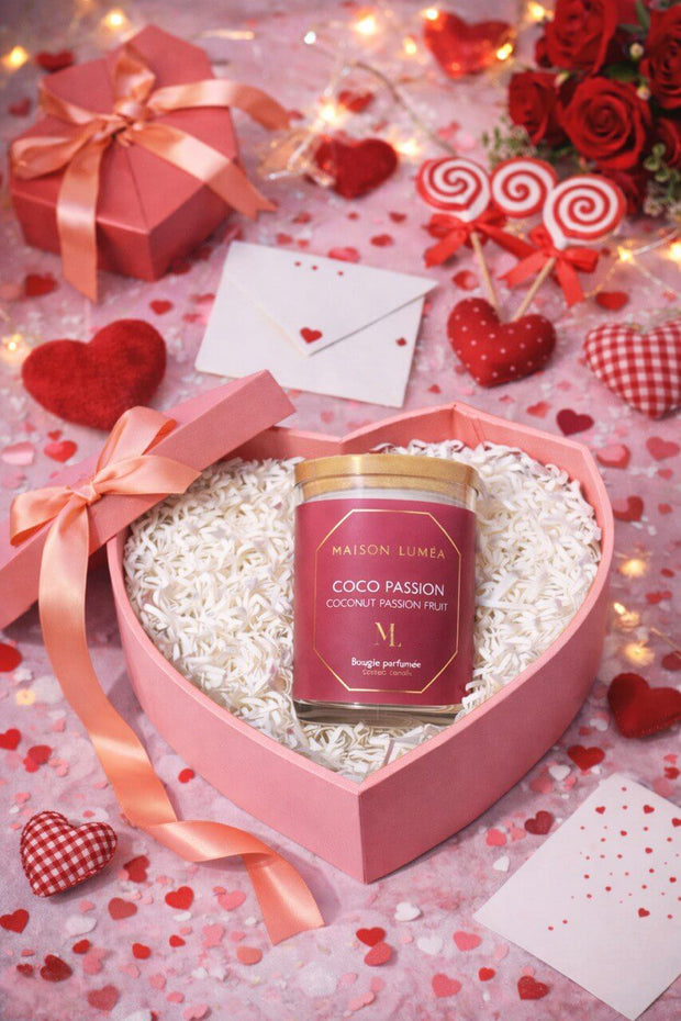 Bougie parfumée Coco Passion – coffret cadeau Saint-Valentin. Coffret Bougie Parfumée Coco Passion Évasion Sucrée