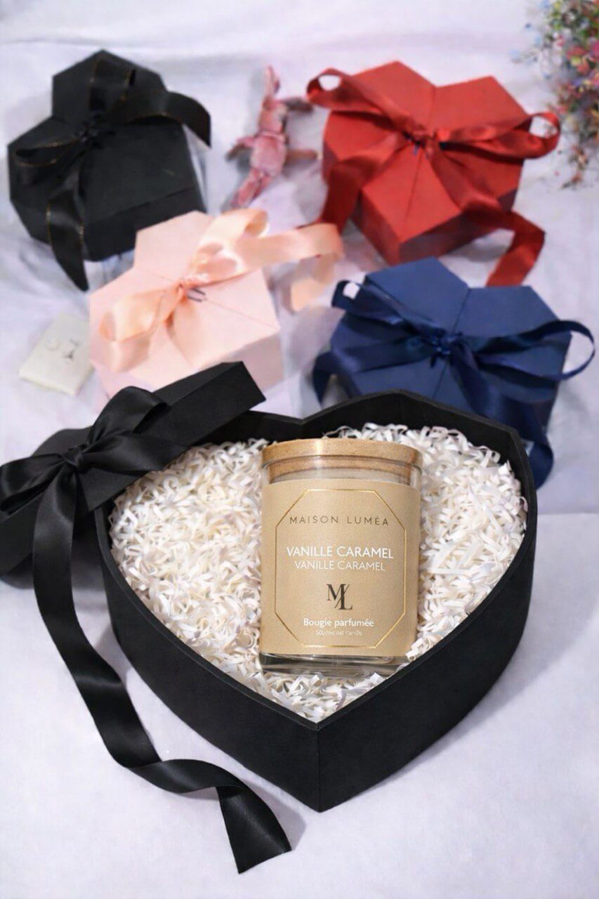 Coffret Bougie Parfumée Vanille Caramel dans coffret cœur – idée cadeau Saint-Valentin