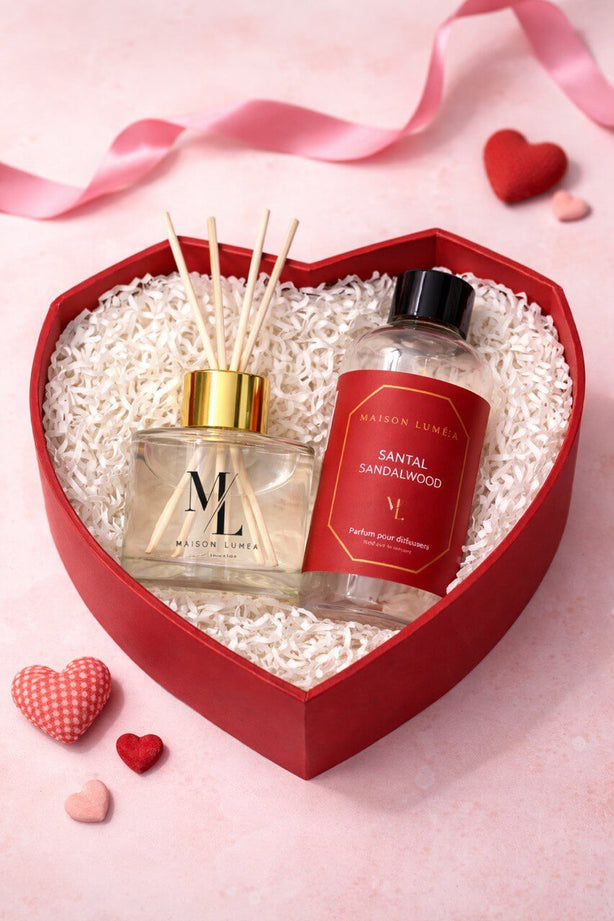 Coffret Parfum & Diffuseur. Coffret parfum et diffuseur Santal Maison Luméa – cadeau Saint-Valentin premium