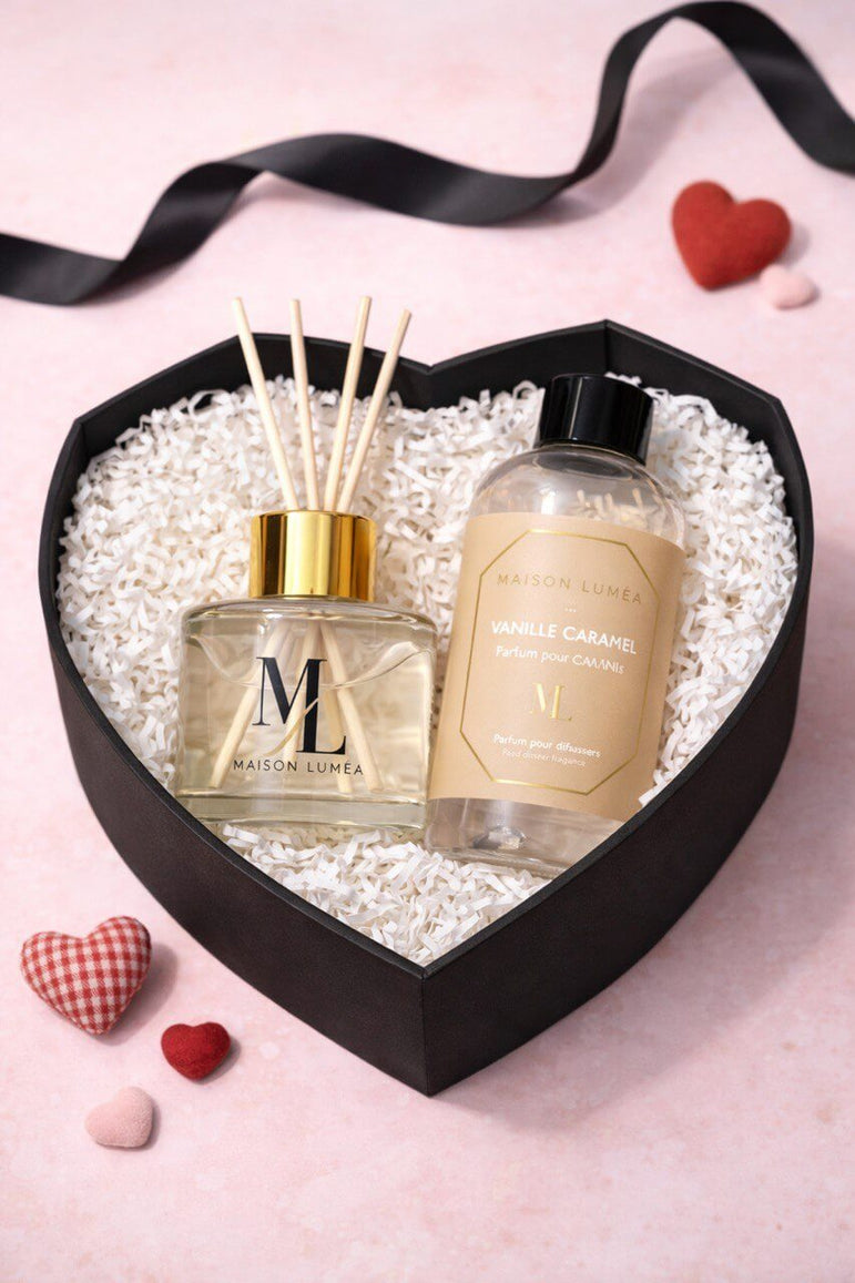 Coffret parfum et diffuseur Vanille Caramel Maison Luméa – cadeau Saint-Valentin élégant.Coffret Parfum & Diffuseur