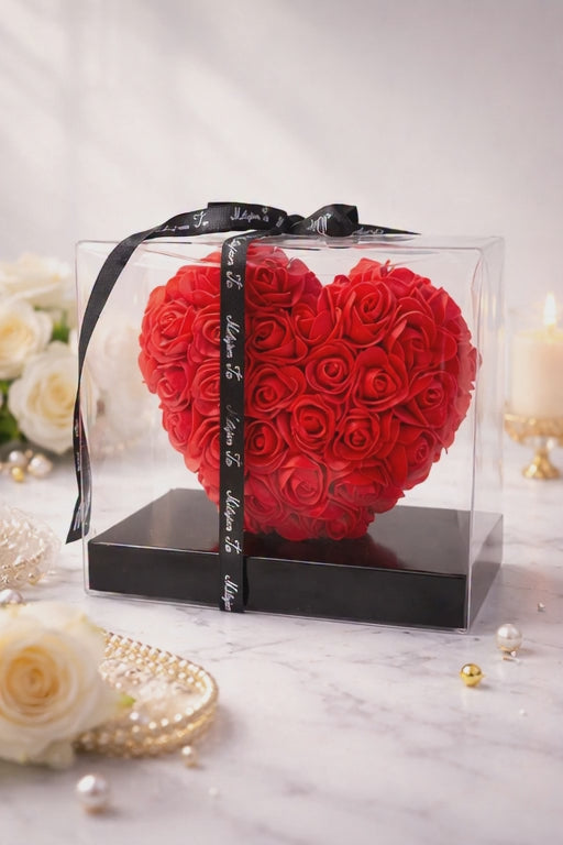 Cœur de roses éternelles rouges en coffret décoratif