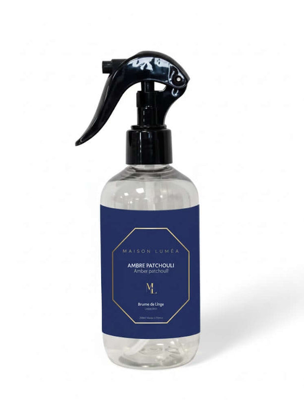 Brume de linge parfumée Ambre Patchouli Maison Lumëa, senteur chaude et orientale
