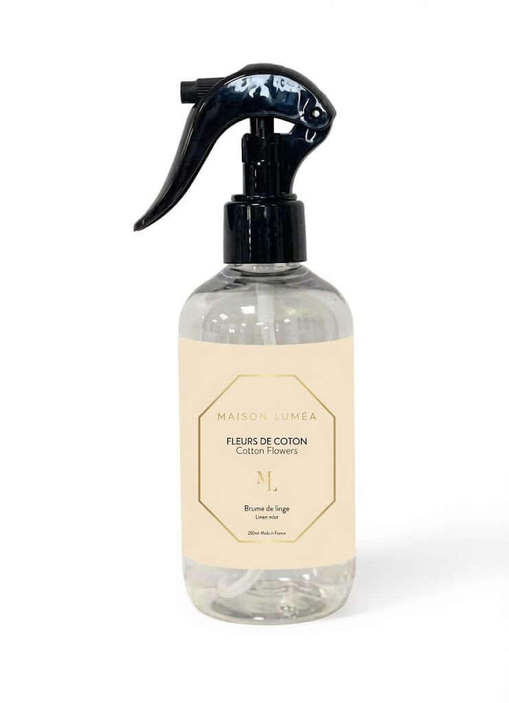 Brume de linge Fleurs de Coton Maison Lumëa, spray parfumé pour linge, parfum de Grasse