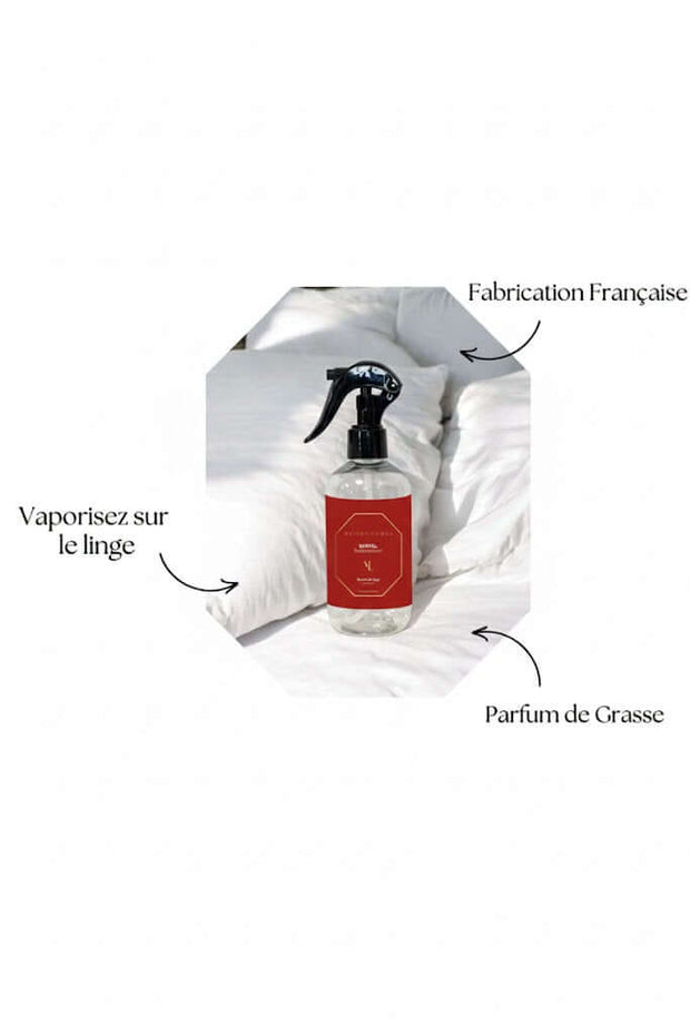 Brume de linge parfumée Santal Maison Lumëa, spray textile senteur boisée, parfum de Grasse